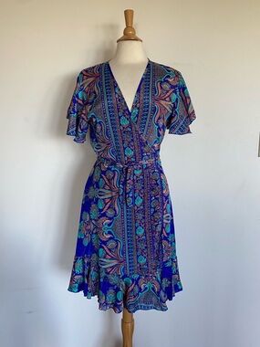 Cienna Silk-blend Wrap Dress in Vibrant Print on Cobalt Blue Background Large